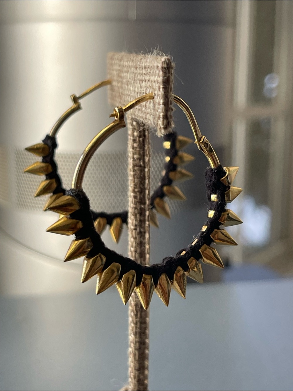 Gold Spike Hoop Earrings with Black leather Wrap - Women Jewelry - Picture 2 of 6